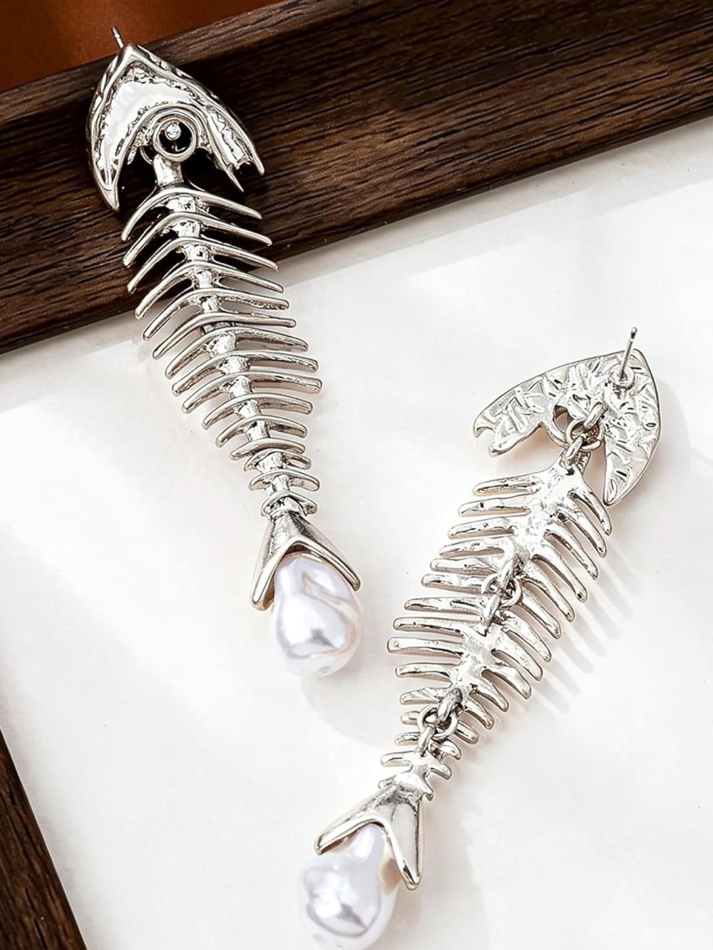Silver Fishbone Drop Earrings with Pearl Charm